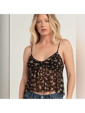 RSQ Mesh Floral V Neck Lace Trim Cami